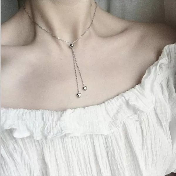 imageHeart Bead Choker Y Necklace for Women S925 Sterling Silver Tiny Double Love Tassel Drop Pendant Minimalism Adjustable Long Chain Charms Delicate Jewelry Best Friend Box