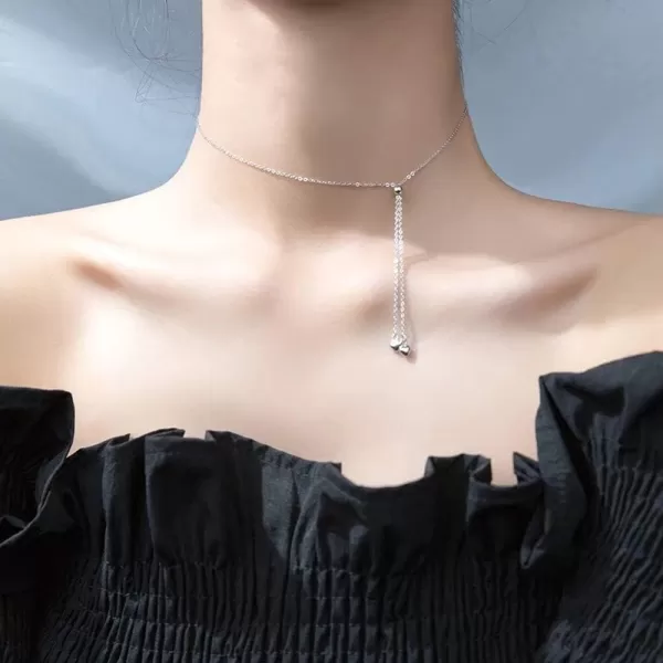 imageHeart Bead Choker Y Necklace for Women S925 Sterling Silver Tiny Double Love Tassel Drop Pendant Minimalism Adjustable Long Chain Charms Delicate Jewelry Best Friend Box