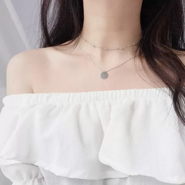 imageLayered Disc Pendant Choker Necklace for Women 925 Sterling SilverToneGoldTone Dainty Full Moon Circle Coin Collar TwoDouble Chain Fashion Y Jewelry Best Box Birthday Wedding Silvery