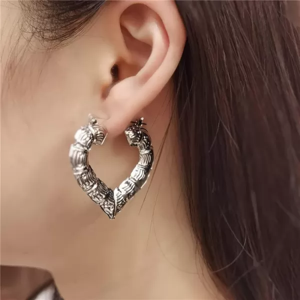 imageLove Heart Bamboo Big Hoop Earrings Set for Women Silvery Lightweight Dangle Drop Chunky Hoops Fashion Punk Birthday Christmas Valentine Jewelry 3 Pairs