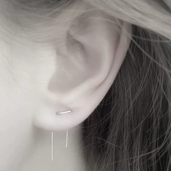 imageMinimalist Double Piercing Earrings for Women Men S925 Sterling Silver Bar Threader Dangle Drop Stud Safety Pin 2 Hole Lobe Bended Hook Fashion Personalized Hypoallergenic Lightweight Jewelry