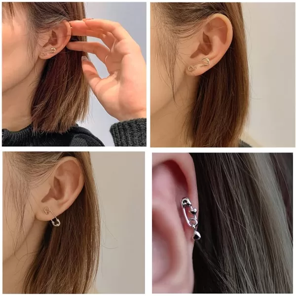 imageSmall Safety Pin Stud Earrings Set for Women Silver Plated Hypoallergenic Tiny Cute Love Heart Charms Drop Dangle Cartilage Tragus Post Piercing Body Jewelry 2 Pairs