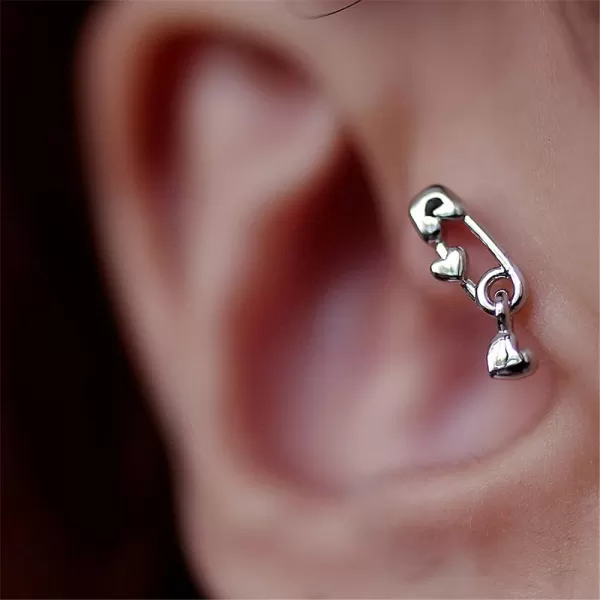 imageSmall Safety Pin Stud Earrings Set for Women Silver Plated Hypoallergenic Tiny Cute Love Heart Charms Drop Dangle Cartilage Tragus Post Piercing Body Jewelry 2 Pairs