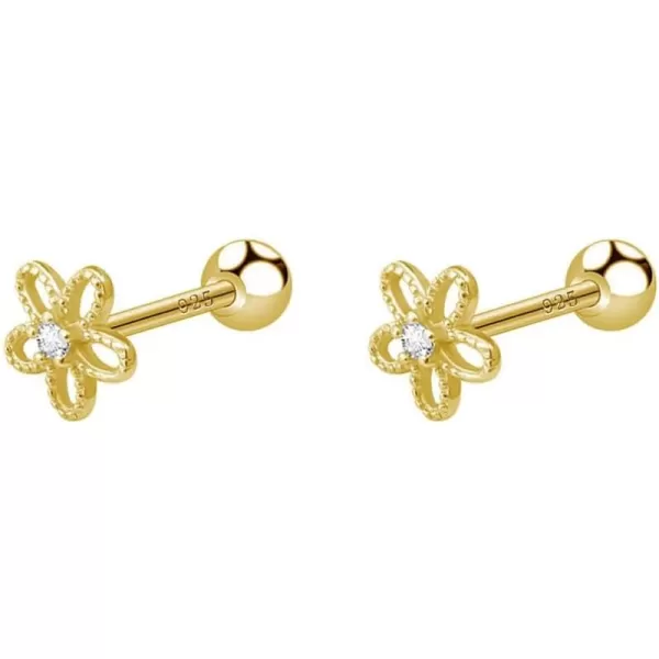 image18G Daisy Flower Stud Cartilage Earrings for Women Girls 925 Sterling Silver CZ Tiny Cute Floral 3mm Ball Barbell Screw Back Studs Sleeper Tragus Post Hypoallergenic Piercing Body Jewelry GiftsGolden