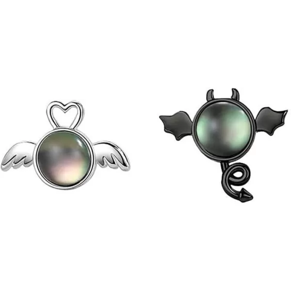 imageAsymmetrical Angel Evil Earrings 925 Sterling Silver Small Cute Love Heart Wings Cartilage Studs Earring for Women Imitation Moon Stone Mismatch White and Black Ear Jewelry Gifts for Daughter Niece