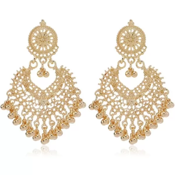 imageBoho Ball Tassel Statement Dangle Earrings for Women Girls Vintage Flower Heart Shaped Beaded Chandelier Drop Dangling Earring Indian Bollywood Jewelry Gifts for Jhumka Festival Holiday ChristmasLight Golden Color