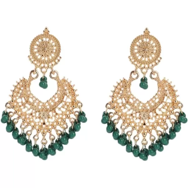 imageBoho Ball Tassel Statement Dangle Earrings for Women Girls Vintage Flower Heart Shaped Beaded Chandelier Drop Dangling Earring Indian Bollywood Jewelry Gifts for Jhumka Festival Holiday ChristmasGreen