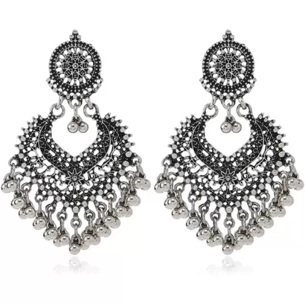 imageBoho Ball Tassel Statement Dangle Earrings for Women Girls Vintage Flower Heart Shaped Beaded Chandelier Drop Dangling Earring Indian Bollywood Jewelry Gifts for Jhumka Festival Holiday ChristmasSilvery