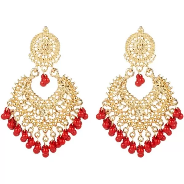 imageBoho Ball Tassel Statement Dangle Earrings for Women Girls Vintage Flower Heart Shaped Beaded Chandelier Drop Dangling Earring Indian Bollywood Jewelry Gifts for Jhumka Festival Holiday ChristmasRed