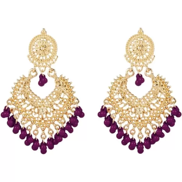 imageBoho Ball Tassel Statement Dangle Earrings for Women Girls Vintage Flower Heart Shaped Beaded Chandelier Drop Dangling Earring Indian Bollywood Jewelry Gifts for Jhumka Festival Holiday ChristmasPurple