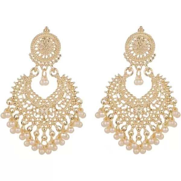 imageBoho Ball Tassel Statement Dangle Earrings for Women Girls Vintage Flower Heart Shaped Beaded Chandelier Drop Dangling Earring Indian Bollywood Jewelry Gifts for Jhumka Festival Holiday ChristmasWhite