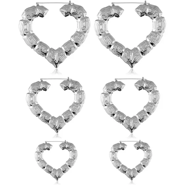 imageLove Heart Bamboo Big Hoop Earrings Set for Women Silvery Lightweight Dangle Drop Chunky Hoops Fashion Punk Birthday Christmas Valentine Jewelry 3 Pairs
