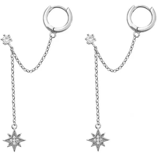 imageStar 925 Sterling Silver Double Piercing Earrings Huggie Cuff Chain for Women Teen Girls 2 Holes CZ Charm Dangle Drop Small Hoop Earrings Cartilage Climber Jewelry