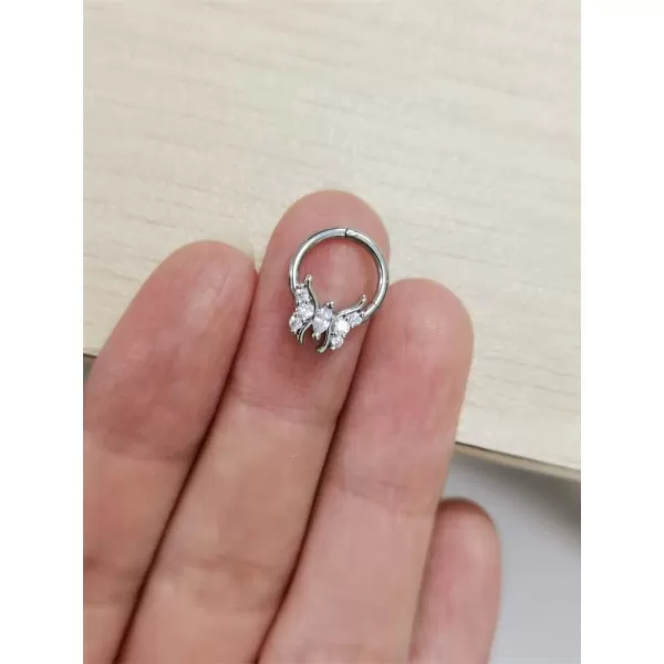imageDtja 16G Fairy Butterfly CZ Nose Ring Surgical Steel Septum Jewelry for Women Crystal Hypoallergenic Hinged Segment Body Piercing Nose Hoop Rings Helix Ear Cartilage Rook Earrings 8mm 1 Piece