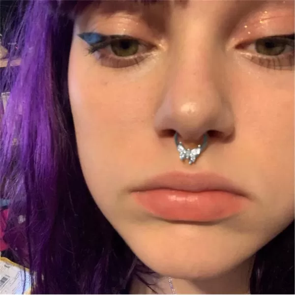imageDtja 16G Fairy Butterfly CZ Nose Ring Surgical Steel Septum Jewelry for Women Crystal Hypoallergenic Hinged Segment Body Piercing Nose Hoop Rings Helix Ear Cartilage Rook Earrings 8mm 1 Piece
