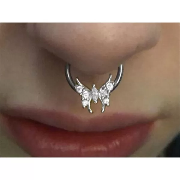 imageDtja 16G Fairy Butterfly CZ Nose Ring Surgical Steel Septum Jewelry for Women Crystal Hypoallergenic Hinged Segment Body Piercing Nose Hoop Rings Helix Ear Cartilage Rook Earrings 8mm 1 Piece