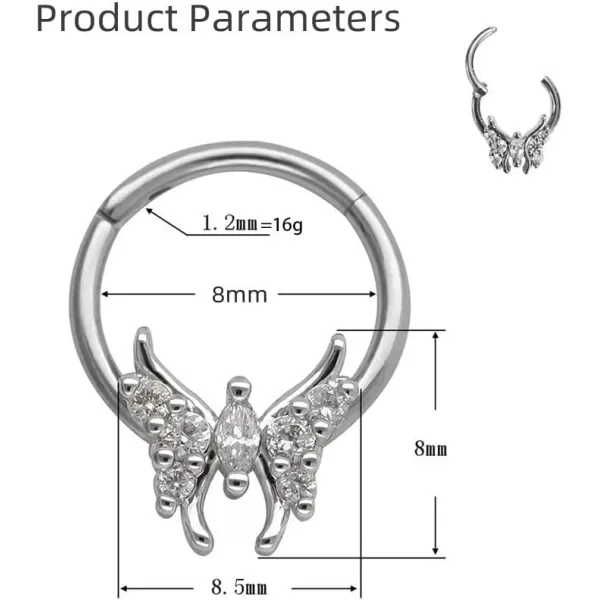 imageDtja 16G Fairy Butterfly CZ Nose Ring Surgical Steel Septum Jewelry for Women Crystal Hypoallergenic Hinged Segment Body Piercing Nose Hoop Rings Helix Ear Cartilage Rook Earrings 8mm 1 Piece