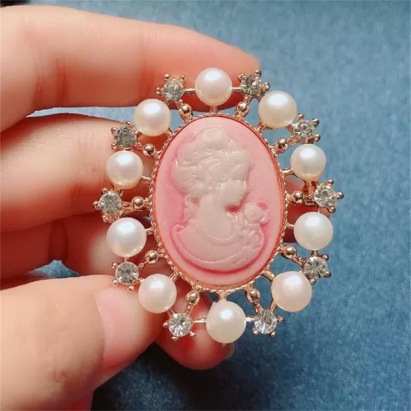 imageRhinestone Pearl Cameo Brooch Pin for Women Girls Fashion Dainty Gold Tone Shell Pearls Crystal Wreath Carved Pink Victorian Lady Brooches Lapel Pins Vintage Dress Accessories Wedding Birthday Party Jewelry
