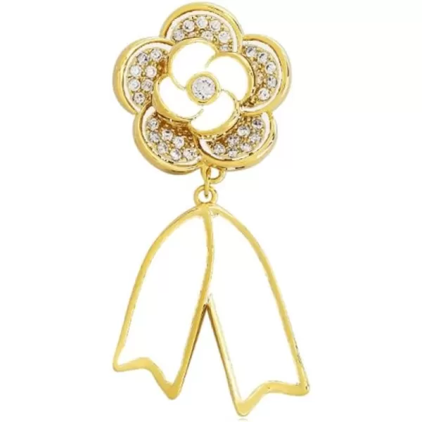 imageRhinestone Camellia Flower Brooch Pin for Women Girls Gold Plated Dainty Cute Enamel Blossom Ribbon Lapel Pins Elegant Wedding Birthday Anniversary Jewelry Gift Souvenir White