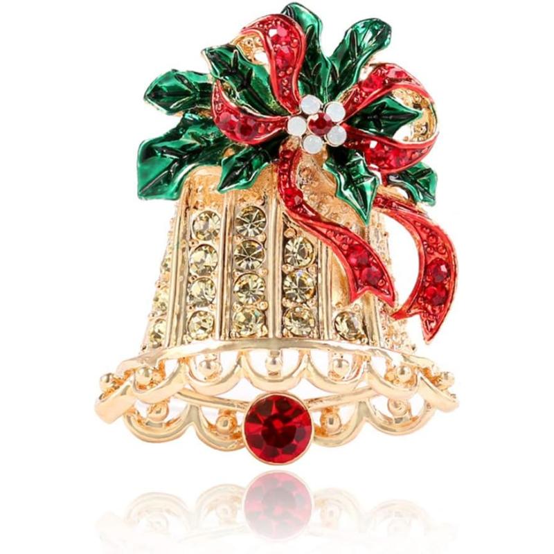 imageChristmas Chime Bell Gold Tone Rhinestone Brooches for Women Girls Fashion Colorful CZ Flower Bowknot Leaf Jingle Santa Brooch Pins Neck Bow Tie Necktie Dress Accessories Xmas Jewelry Crystal