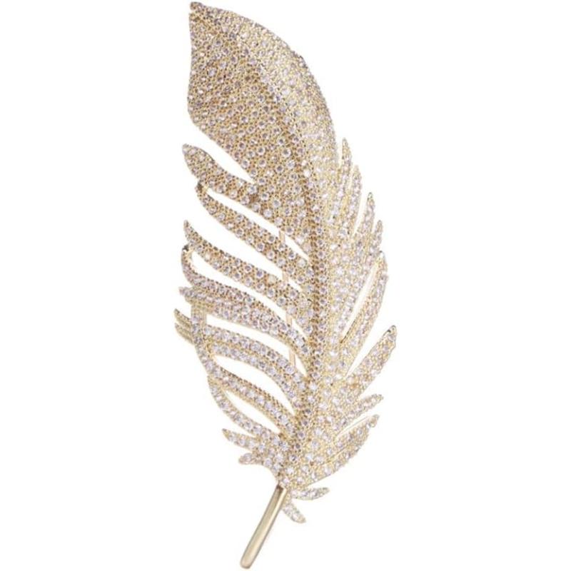 imageGold Rhinestone Feather Brooch Pin for Women Men Fashion Crystal Delicate Leaf Brooch Lapel Pins Elegant Dress Accessories Jewelry Boutonniere Corsage for Hat Bag Suit Tie Wedding Birthday