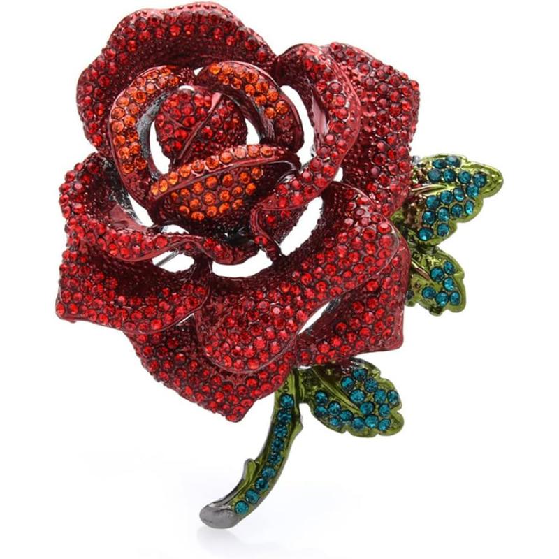 imageRhinestone Rose Flower Brooch Pin for Women Men Fashion Red Green Crystal Big Leaf Brooch Lapel Pins Elegant Dress Accessories Jewelry Boutonniere Corsage for Hat Bag Suit Tie Gift Wedding Birthday