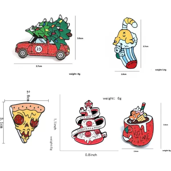 image5 Pieces Christmas Food Brooches Set for Women Girls Men Fashion Cute Enameled Trees Pizza Pickup Truck Bulk Jewelry Lapel Pins for Xmas Decorations