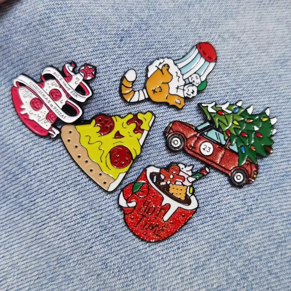 image5 Pieces Christmas Food Brooches Set for Women Girls Men Fashion Cute Enameled Trees Pizza Pickup Truck Bulk Jewelry Lapel Pins for Xmas Decorations