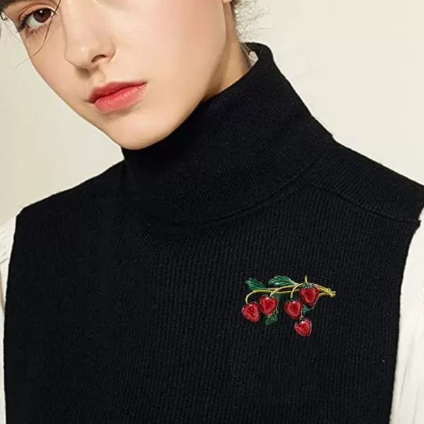 imageFashion Fruit Brooch Pin for Women Girls Gold Tone Cute Enamel Red Strawberry Green Leaf Branch Brooches Lapel Creative Dress Accessories Jewelry Dainty Retro Gift