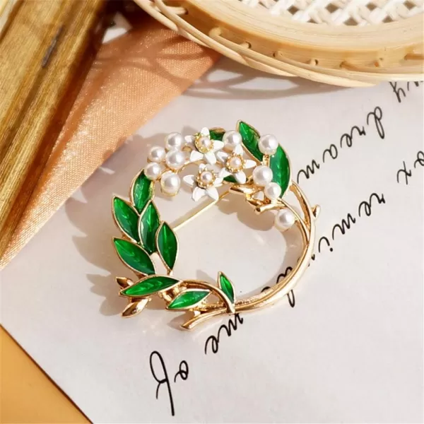 imagePearl Flower Wreath Brooches for Women Men Girls Gold Tone Fashion Vintage Green Olive Leaf Hollow Garland Brooch Pins Bow Tie Necktie Dress Accessories Jewelry Birthday