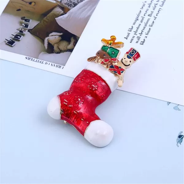 imageRed Santa Stocking Sock Gift Box Christmas Brooches Pin for Women Girls Men Alloy Gold Plated Cute Snowflake Brooch Dress Accessories Winter Party Decor Jewelry Gifts