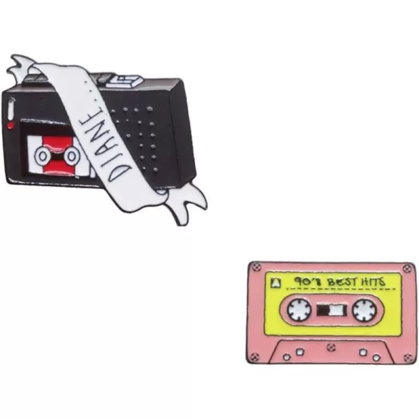 image2pcs Vintage Cassette Type Brooches for Women Girls Men Fashion Enameled Black Pink Lapel Pins Badge Dress Suit Scarft Accessories Holiday Party Valentines Jewelry Souvenir Gifts Friends