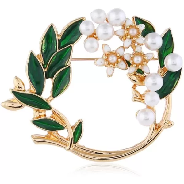 imagePearl Flower Wreath Brooches for Women Men Girls Gold Tone Fashion Vintage Green Olive Leaf Hollow Garland Brooch Pins Bow Tie Necktie Dress Accessories Jewelry Birthday