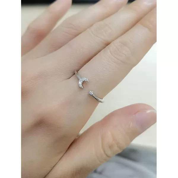 imageCZ Crescent Moon Star Ring 925 Sterling Silver for Women Daughters Adjustable Moon Rings AAA Cubic Zirconia Cute Hammered Open Wrap Expandable Comfort Fit Jewelry Dainty