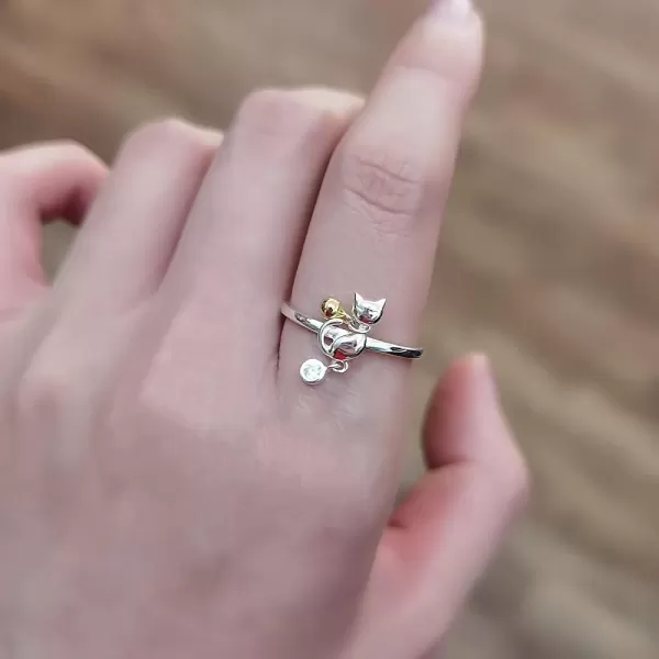 imageCute Cat Bell Animal S925 Sterling Silver Ring for Women Girls Statement CZ Bezel Kitten Charms Drop Expandable Adjustable Finger Band Rings Comfort Fit Lovely Birthday Anniversary Jewelry for Pet Lover