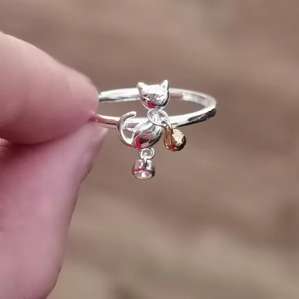 imageCute Cat Bell Animal S925 Sterling Silver Ring for Women Girls Statement CZ Bezel Kitten Charms Drop Expandable Adjustable Finger Band Rings Comfort Fit Lovely Birthday Anniversary Jewelry for Pet Lover