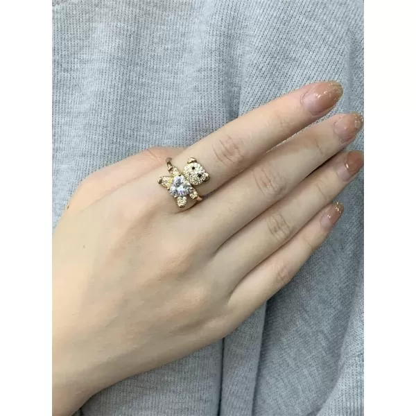imageDainty CZ Heart Bear Engagement Ring for Women Gold Plated Adjustable Love Statement Open Wrap Rings Comfort Fit Fashion Cute Wedding Valentine Birthday Jewelry Gift for Her