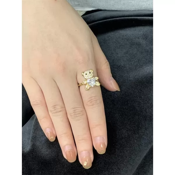imageDainty CZ Heart Bear Engagement Ring for Women Gold Plated Adjustable Love Statement Open Wrap Rings Comfort Fit Fashion Cute Wedding Valentine Birthday Jewelry Gift for Her