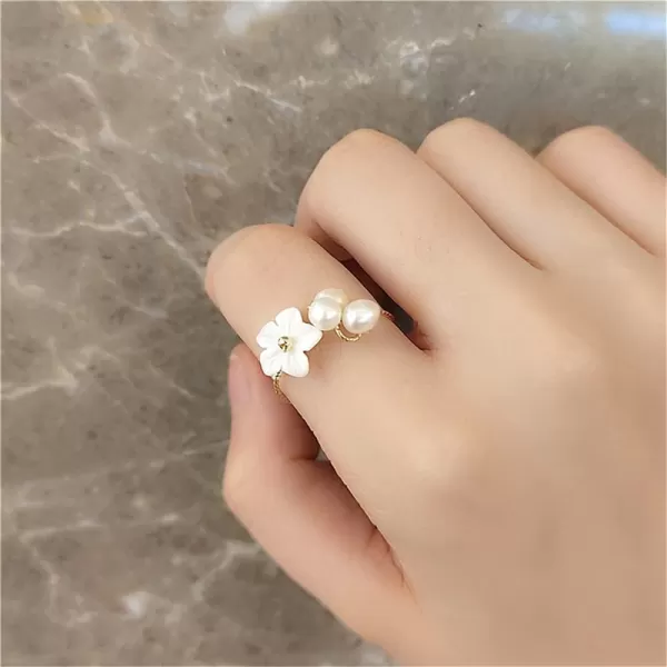 imageDainty Shell Pearl Flower Statement Ring for Women Gold Plated Faux Pearls Ball Open Wrap Rings Comfort Fit Adjustable Expandable Handmade Birthday Wedding Anniversary Jewelry Gift