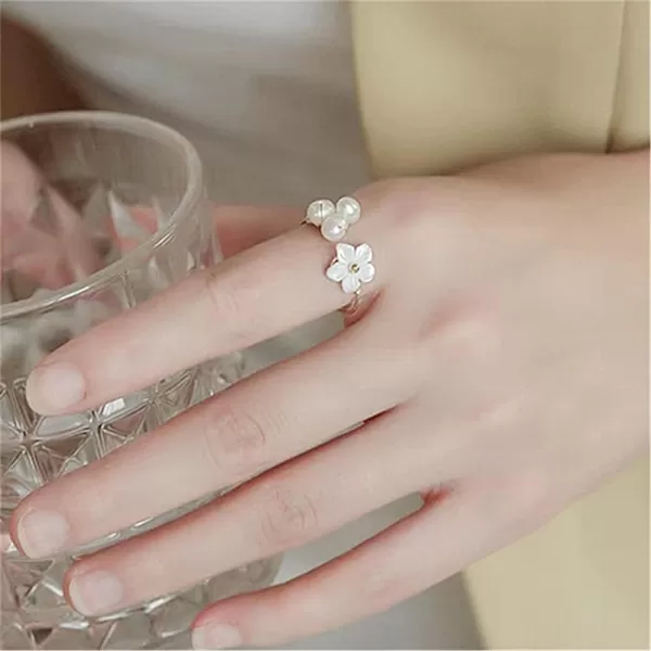 imageDainty Shell Pearl Flower Statement Ring for Women Gold Plated Faux Pearls Ball Open Wrap Rings Comfort Fit Adjustable Expandable Handmade Birthday Wedding Anniversary Jewelry Gift