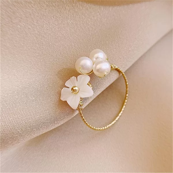 imageDainty Shell Pearl Flower Statement Ring for Women Gold Plated Faux Pearls Ball Open Wrap Rings Comfort Fit Adjustable Expandable Handmade Birthday Wedding Anniversary Jewelry Gift