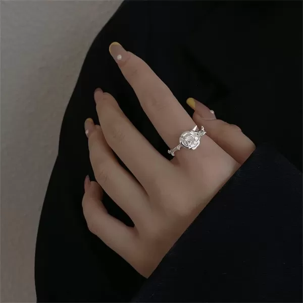 imageFlower 925 Sterling Silver Ring for Women 18K White Gold Plated Rose Leaf Adjustable Wedding Engagement Statement Open Wrap Finger Rings Comfort Fit Fashion 3D Floral Jewelry Birthday Anniversary