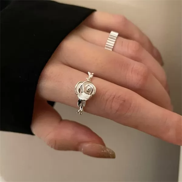 imageFlower 925 Sterling Silver Ring for Women 18K White Gold Plated Rose Leaf Adjustable Wedding Engagement Statement Open Wrap Finger Rings Comfort Fit Fashion 3D Floral Jewelry Birthday Anniversary