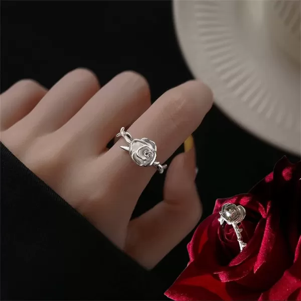 imageFlower 925 Sterling Silver Ring for Women 18K White Gold Plated Rose Leaf Adjustable Wedding Engagement Statement Open Wrap Finger Rings Comfort Fit Fashion 3D Floral Jewelry Birthday Anniversary