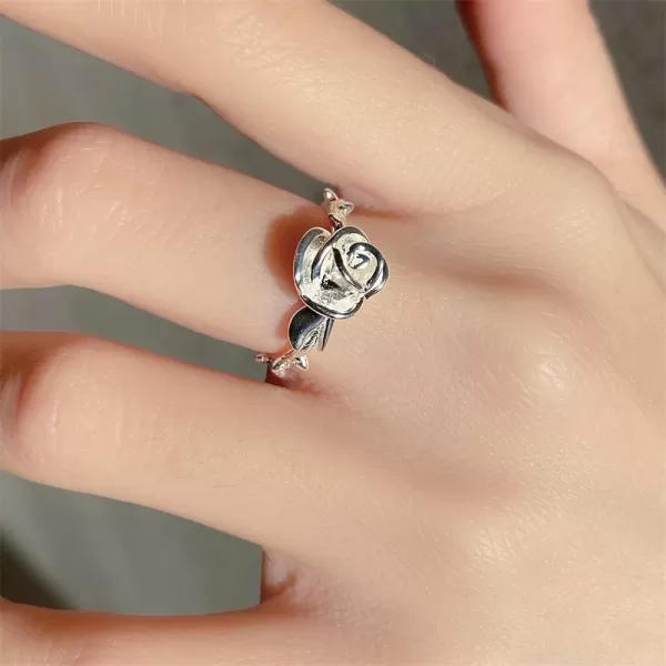 imageFlower 925 Sterling Silver Ring for Women 18K White Gold Plated Rose Leaf Adjustable Wedding Engagement Statement Open Wrap Finger Rings Comfort Fit Fashion 3D Floral Jewelry Birthday Anniversary