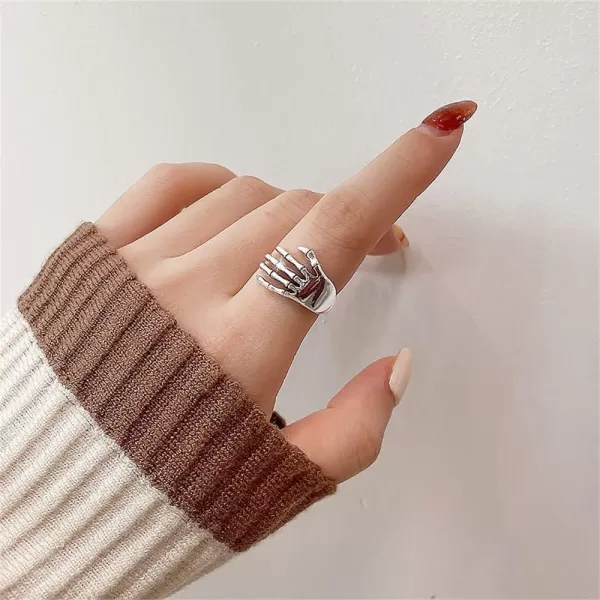 imagePunk Skull Hand Adjustable Open Band Ring for Women Girls Men Statement Expandable Oxidized Silvery Gothic Skeleton Devils Talons Finger Rings Comfort Fit Vintage Unisex Halloween Cosplay Party Jewelry Gift