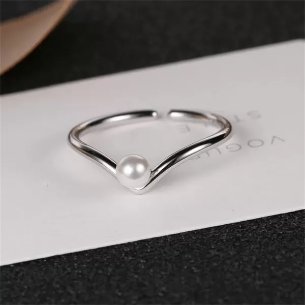 imageShell Pearl Chevron Engagement Ring for Women Silvery Dainty V Shaped Statement 4mm Imitation Pearl Ball Expandable Adjustable Open Wrap Finger Rings Comfort Fit Fashion Wedding Birthday Party Jewelry