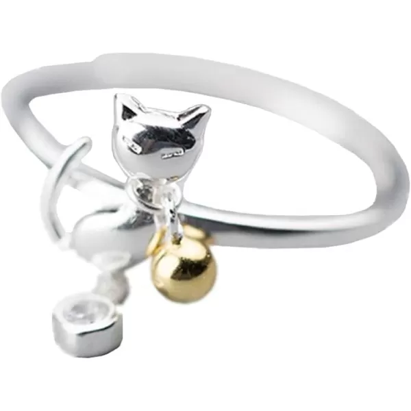 imageCute Cat Bell Animal S925 Sterling Silver Ring for Women Girls Statement CZ Bezel Kitten Charms Drop Expandable Adjustable Finger Band Rings Comfort Fit Lovely Birthday Anniversary Jewelry for Pet Lover