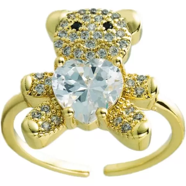 imageDainty CZ Heart Bear Engagement Ring for Women Gold Plated Adjustable Love Statement Open Wrap Rings Comfort Fit Fashion Cute Wedding Valentine Birthday Jewelry Gift for Her
