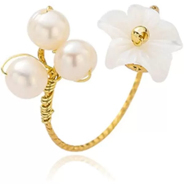 imageDainty Shell Pearl Flower Statement Ring for Women Gold Plated Faux Pearls Ball Open Wrap Rings Comfort Fit Adjustable Expandable Handmade Birthday Wedding Anniversary Jewelry Gift